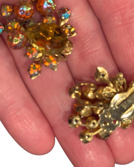 Stunning Vintage 1940s Beaujewels Gold and Orange AB Crystal Earrings clip ons
