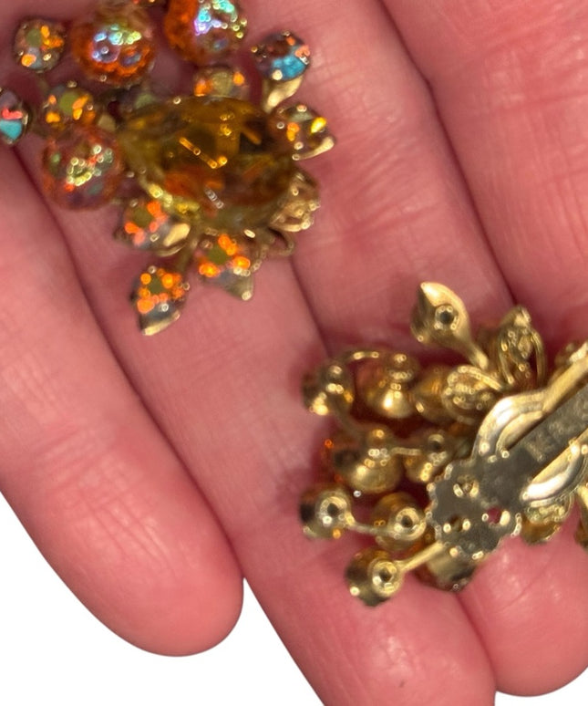 Stunning Vintage 1940s Beaujewels Gold and Orange AB Crystal Earrings clip ons