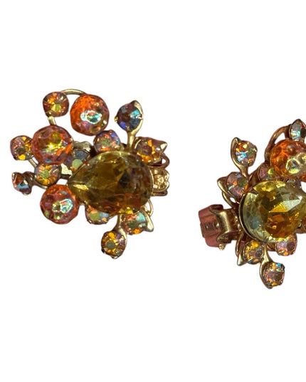 Stunning Vintage 1940s Beaujewels Gold and Orange AB Crystal Earrings clip ons