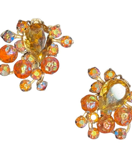 Stunning Vintage 1940s Beaujewels Gold and Orange AB Crystal Earrings clip ons