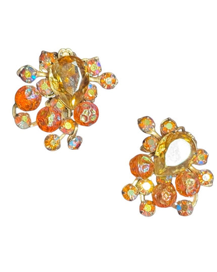 Stunning Vintage 1940s Beaujewels Gold and Orange AB Crystal Earrings clip ons