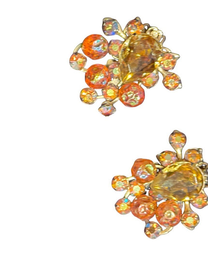 Stunning Vintage 1940s Beaujewels Gold and Orange AB Crystal Earrings clip ons