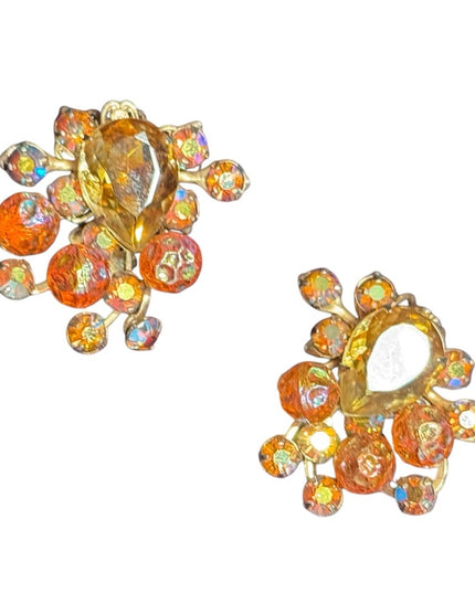 Stunning Vintage 1940s Beaujewels Gold and Orange AB Crystal Earrings clip ons