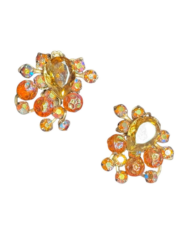 Stunning Vintage 1940s Beaujewels Gold and Orange AB Crystal Earrings clip ons