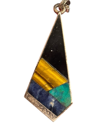 Vintage Taxco Mexico Tonia Hdez stone mosaic Pendant sterling chain 925
