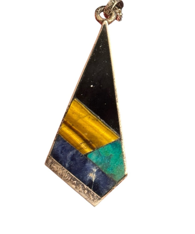 Vintage Taxco Mexico Tonia Hdez stone mosaic Pendant sterling chain 925