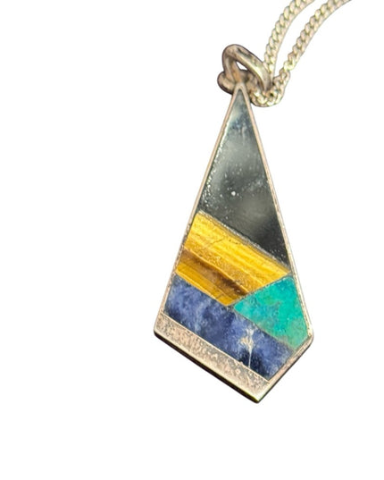 Vintage Taxco Mexico Tonia Hdez stone mosaic Pendant sterling chain 925