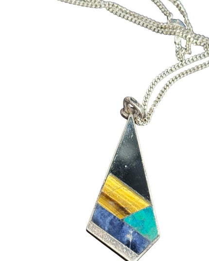 Vintage Taxco Mexico Tonia Hdez stone mosaic Pendant sterling chain 925