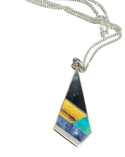 Vintage Taxco Mexico Tonia Hdez stone mosaic Pendant sterling chain 925