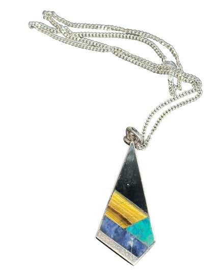 Vintage Taxco Mexico Tonia Hdez stone mosaic Pendant sterling chain 925