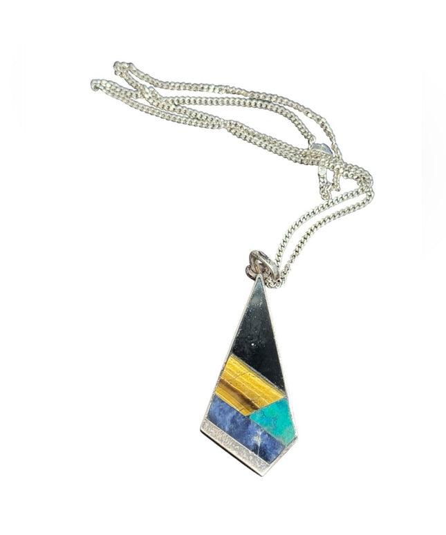 Vintage Taxco Mexico Tonia Hdez stone mosaic Pendant sterling chain 925