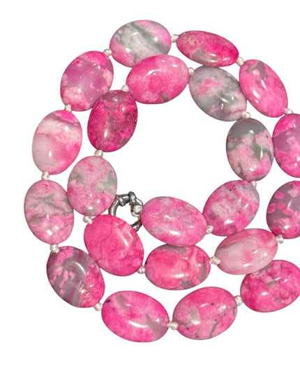 Dyed Crazy Lace Agate Pink and Gray oval Beaded Necklace