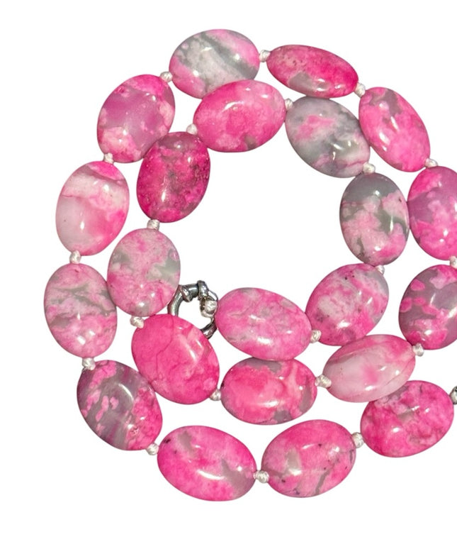 Dyed Crazy Lace Agate Pink and Gray oval Beaded Necklace