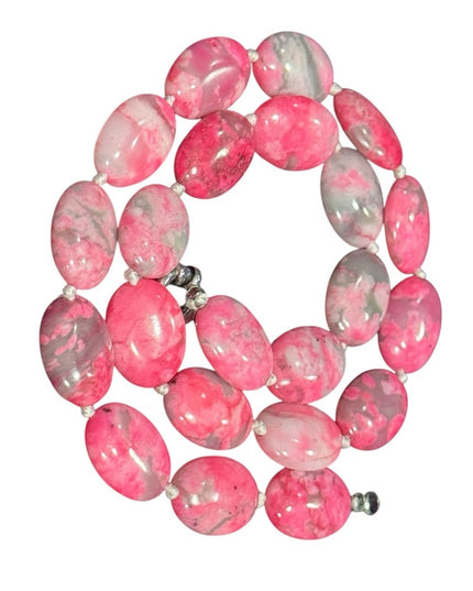 Dyed Crazy Lace Agate Pink and Gray oval Beaded Necklace