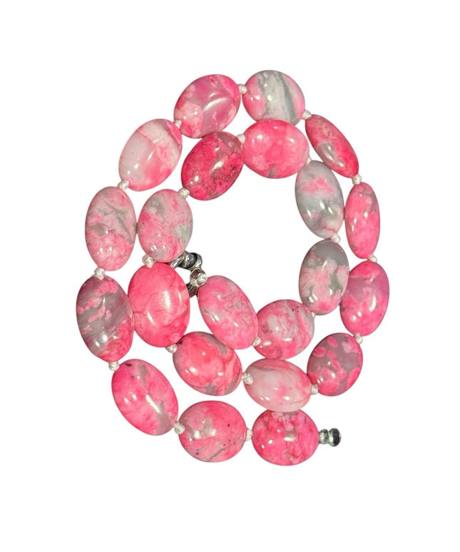 Dyed Crazy Lace Agate Pink and Gray oval Beaded Necklace