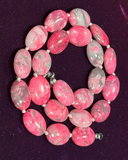Dyed Crazy Lace Agate Pink and Gray oval Beaded Necklace