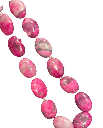 Dyed Crazy Lace Agate Pink and Gray oval Beaded Necklace