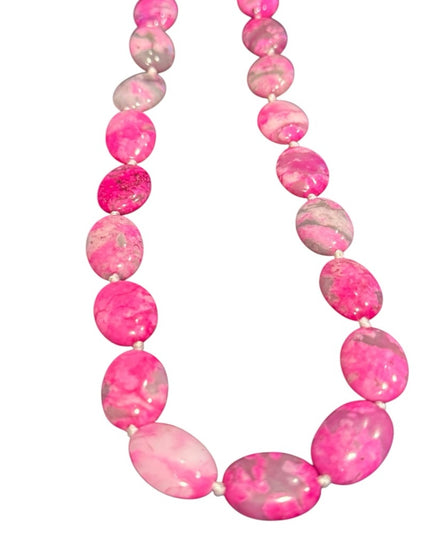 Dyed Crazy Lace Agate Pink and Gray oval Beaded Necklace