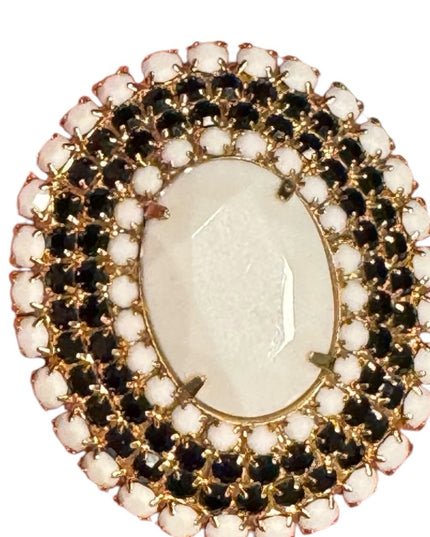 Vintage Gold Plt Milk glass & black faceted crystal large oval Brooch