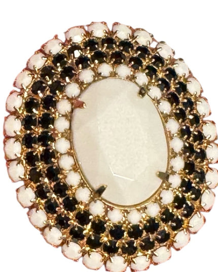 Vintage Gold Plt Milk glass & black faceted crystal large oval Brooch