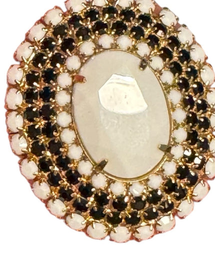 Vintage Gold Plt Milk glass & black faceted crystal large oval Brooch