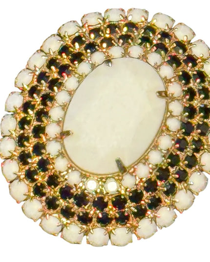 Vintage Gold Plt Milk glass & black faceted crystal large oval Brooch