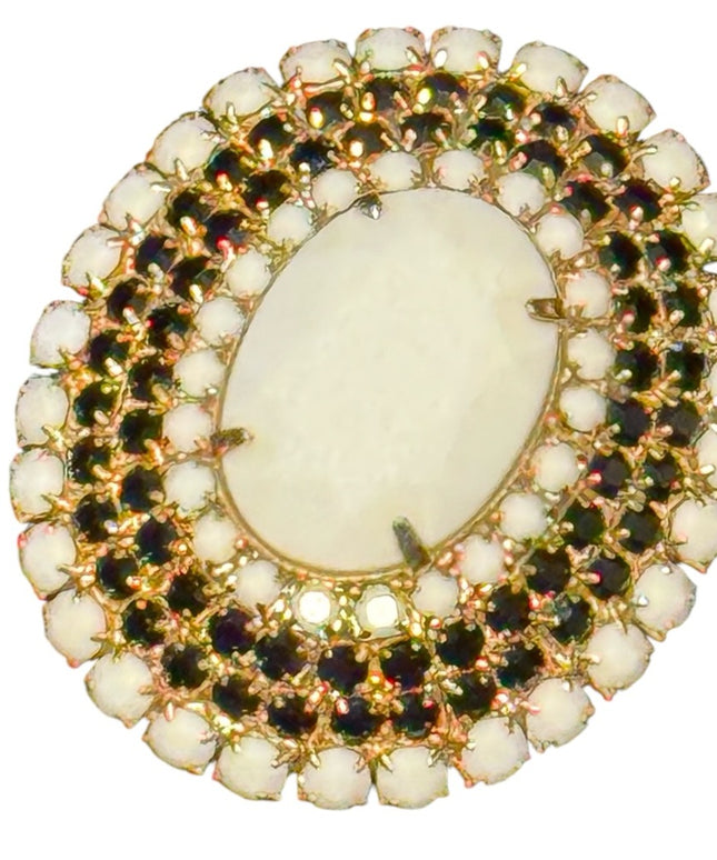 Vintage Gold Plt Milk glass & black faceted crystal large oval Brooch