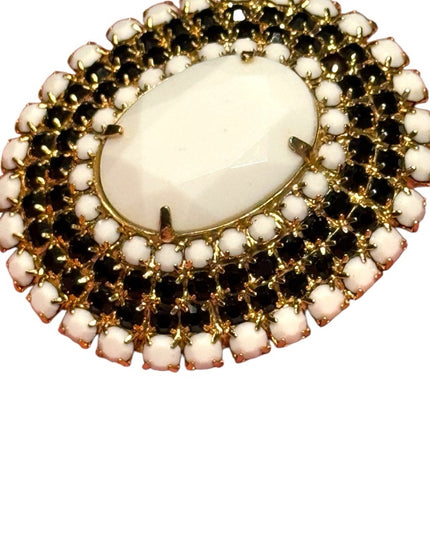 Vintage Gold Plt Milk glass & black faceted crystal large oval Brooch