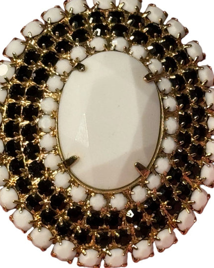 Vintage Gold Plt Milk glass & black faceted crystal large oval Brooch