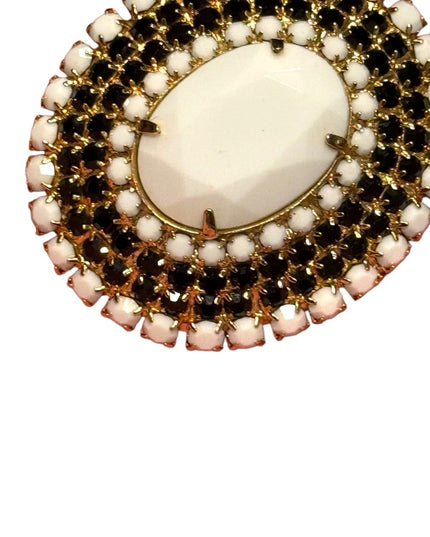 Vintage Gold Plt Milk glass & black faceted crystal large oval Brooch