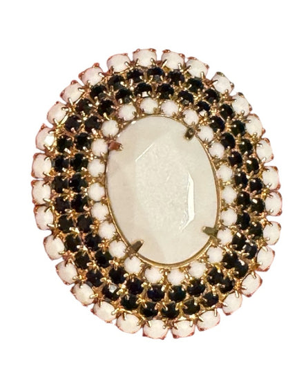 Vintage Gold Plt Milk glass & black faceted crystal large oval Brooch