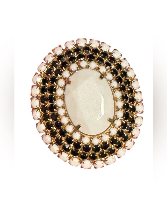 Vintage Gold Plt Milk glass & black faceted crystal large oval Brooch