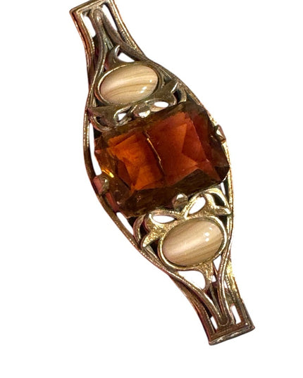 Antique Scottish Silver and Brown glass w agate fancy bar Brooch