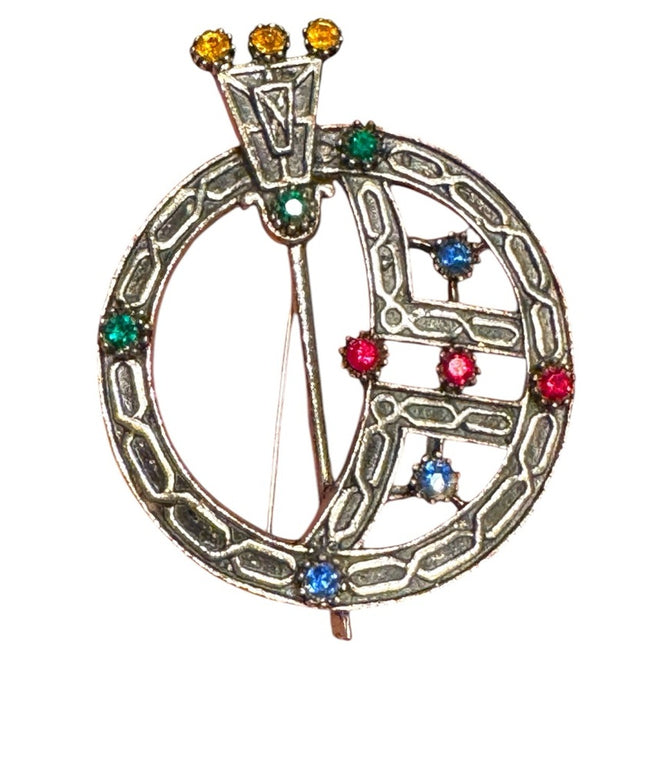 Vintage Celtic Tara kilt Scottish silver  Brooch with Multicolor Gems sword