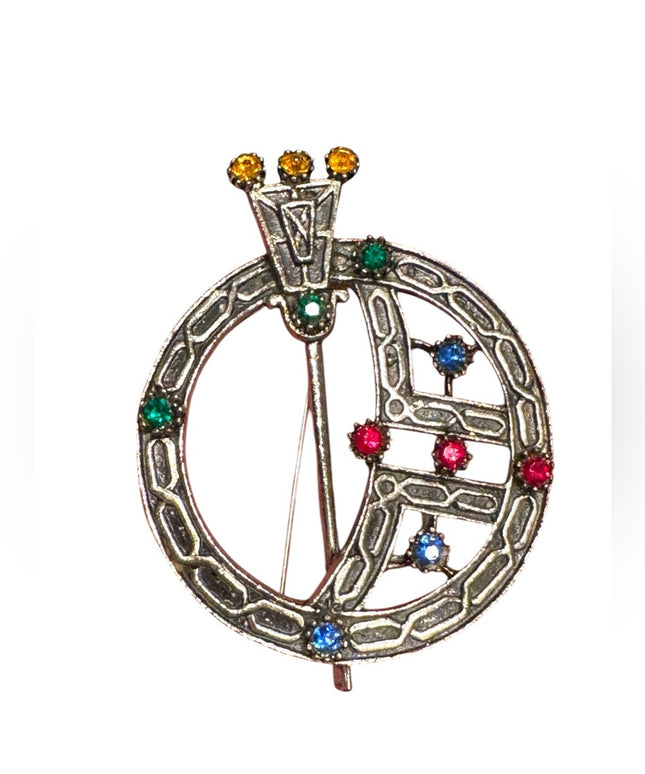 Vintage Celtic Tara kilt Scottish silver  Brooch with Multicolor Gems sword