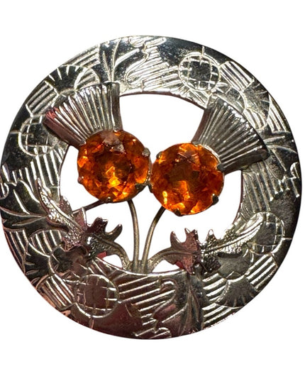 Vintage Silver Scottish Celtic Thistle Kilt Round Brooch with Orange Gems