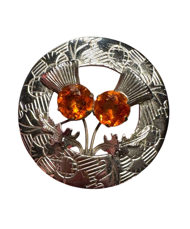 Vintage Silver Scottish Celtic Thistle Kilt Round Brooch with Orange Gems