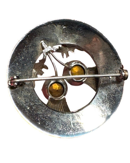 Vintage Silver Scottish Celtic Thistle Kilt Round Brooch with Orange Gems