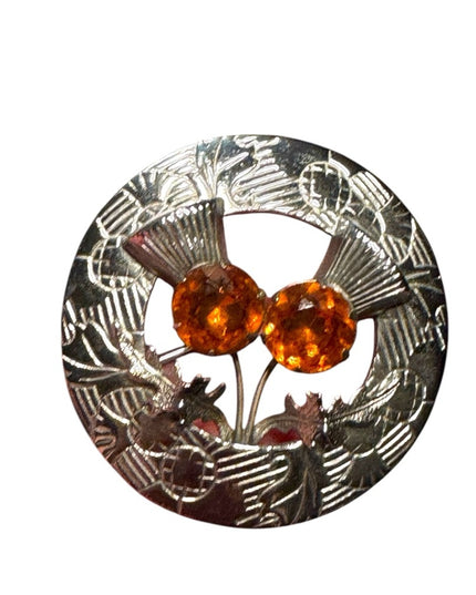 Vintage Silver Scottish Celtic Thistle Kilt Round Brooch with Orange Gems