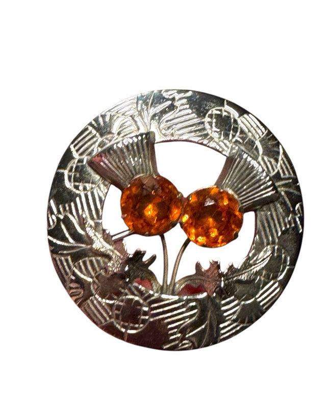Vintage Silver Scottish Celtic Thistle Kilt Round Brooch with Orange Gems