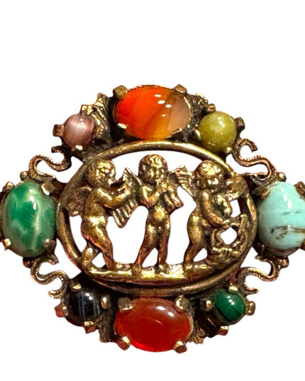 Vintage Brooch Scottish Celtic Angels Cherub Glass Agate Miracle Signed
