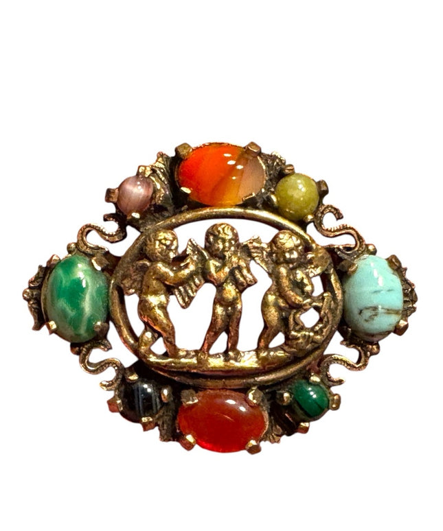 Vintage Brooch Scottish Celtic Angels Cherub Glass Agate Miracle Signed
