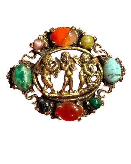 Vintage Brooch Scottish Celtic Angels Cherub Glass Agate Miracle Signed