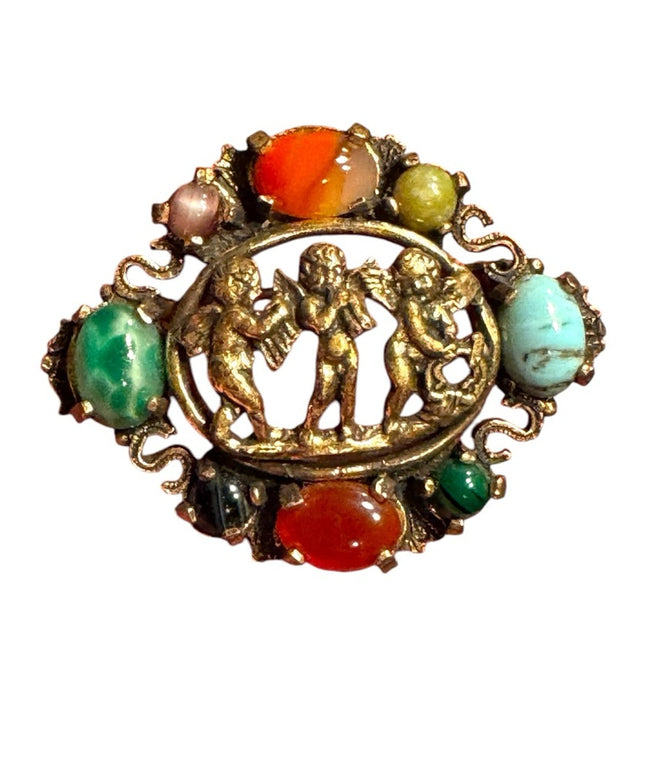 Vintage Brooch Scottish Celtic Angels Cherub Glass Agate Miracle Signed