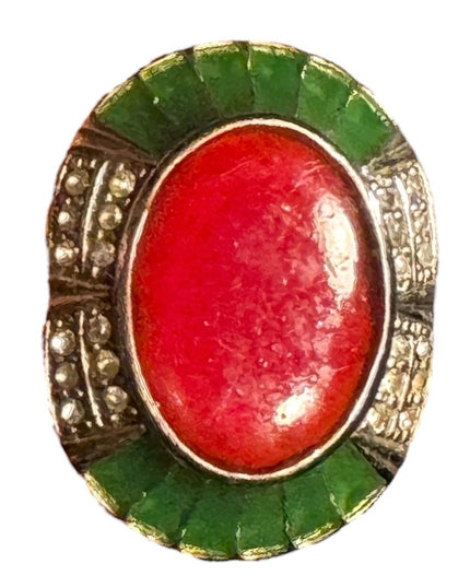Vintage Red and Green glass Scottish Celtic oval brooch