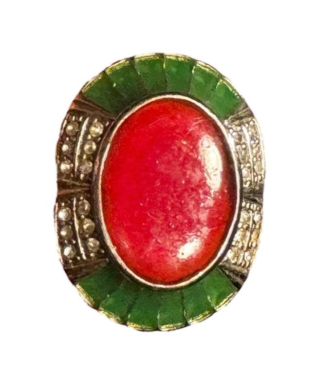 Vintage Red and Green glass Scottish Celtic oval brooch