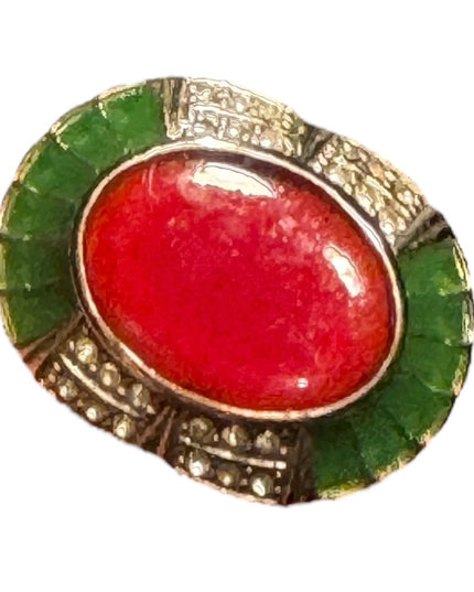 Vintage Red and Green glass Scottish Celtic oval brooch
