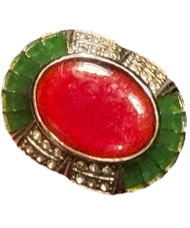 Vintage Red and Green glass Scottish Celtic oval brooch