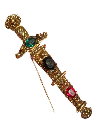 Vintage textured Gold plt green black red facted crystal glass Brooch