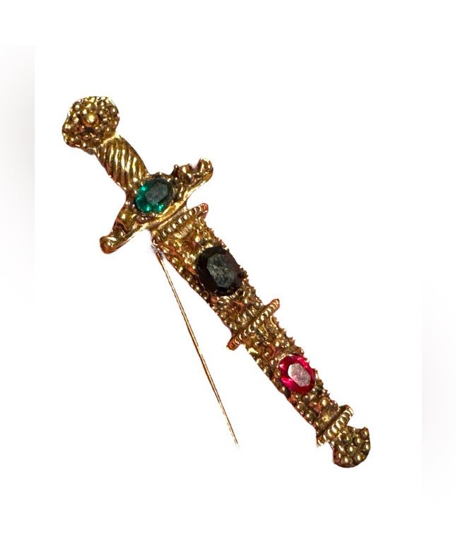 Vintage textured Gold plt green black red facted crystal glass Brooch